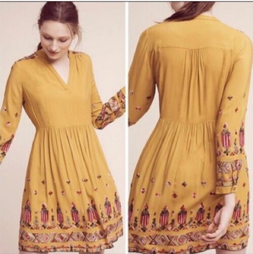Floreat Anthropologie Gold Embroidered Raella Dress